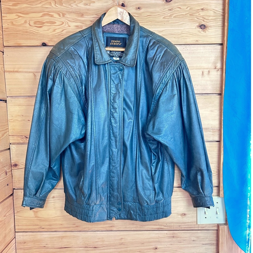 Tempo Europa London Fog Vintage 80s Teal Leather Bomber Jacket Womens Small Over